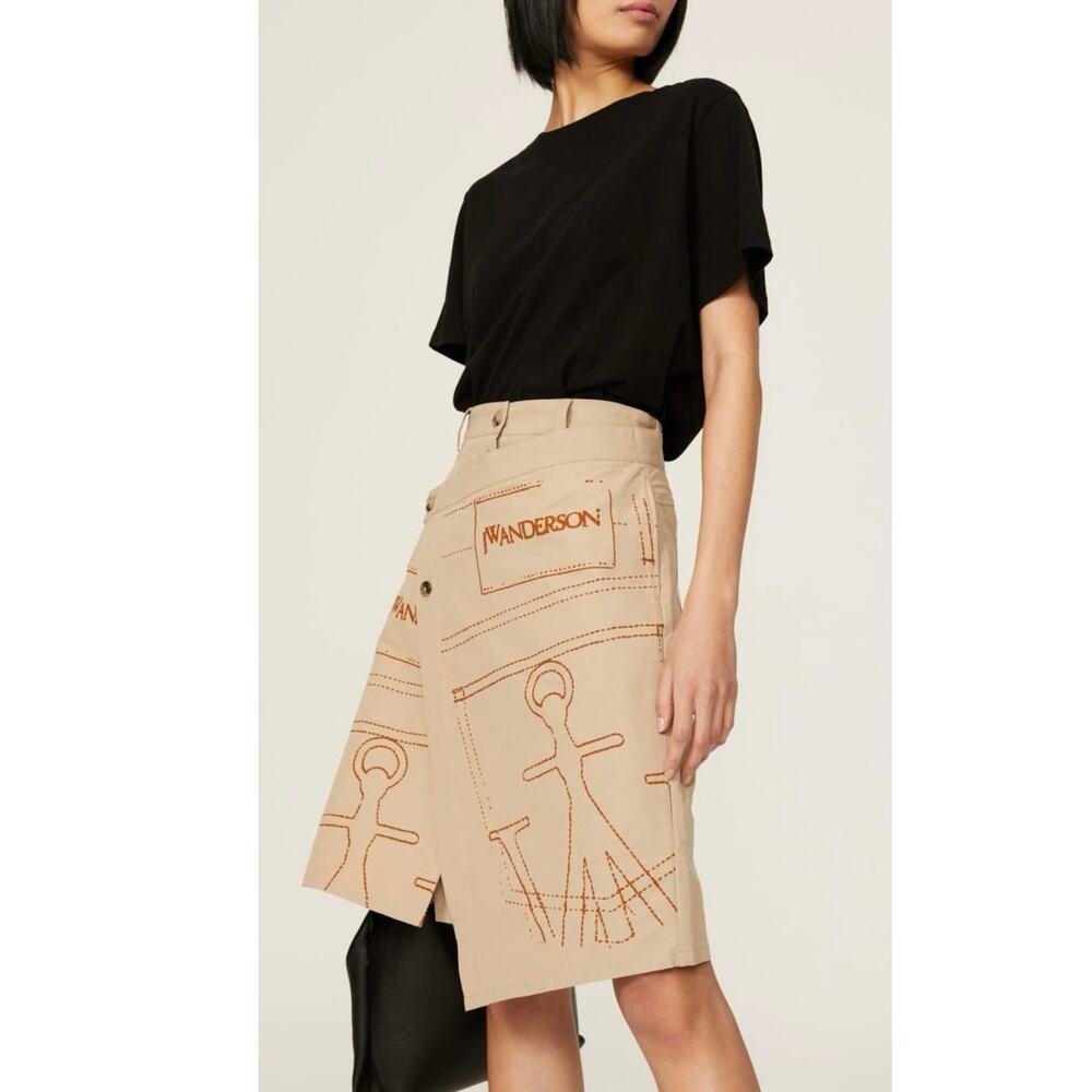JW ANDERSON Tan Khaki 100% Cotton A-Line Logo Travel Asymmetrical Wrap Skirt 10 - Picture 4 of 14